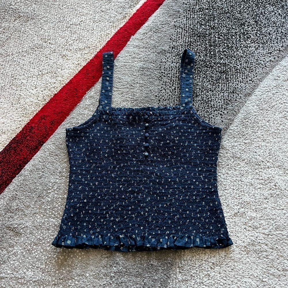 Madewell Lucie Navy Daisy Print Smocked Tank Top - Picture 4 of 5